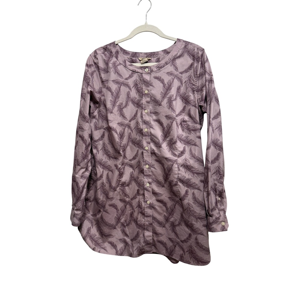 Duluth Trading Co Womens Purple Feather Print Cotton Stretch Tunic Top Large